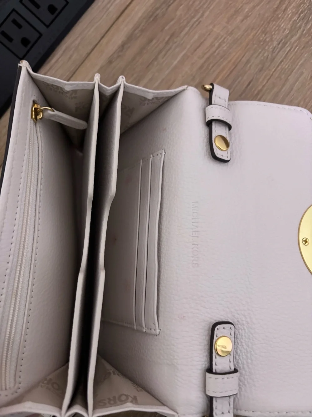 Michael Kors Cream Leather Crossbody with Gold MK Logo